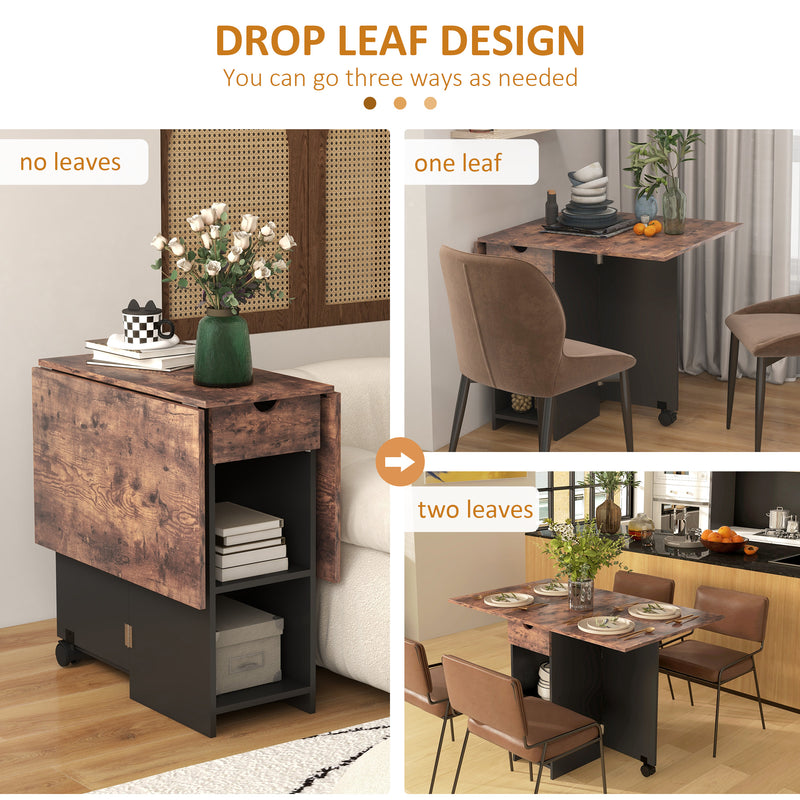 HOMCOM Foldable Dining Table, Drop Leaf Table with Storage, Rustic Brown