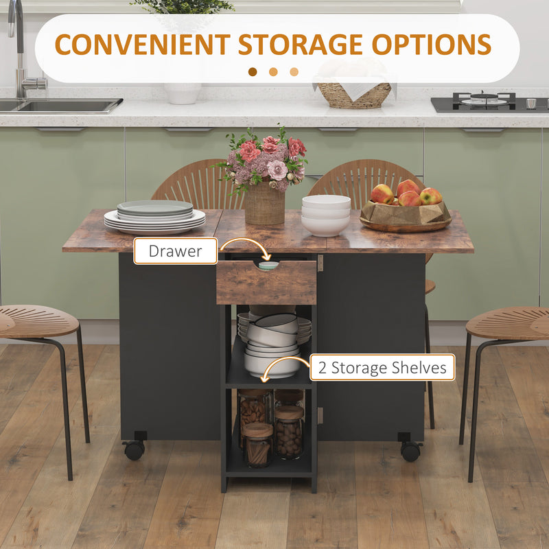 HOMCOM Foldable Dining Table, Drop Leaf Table with Storage, Rustic Brown