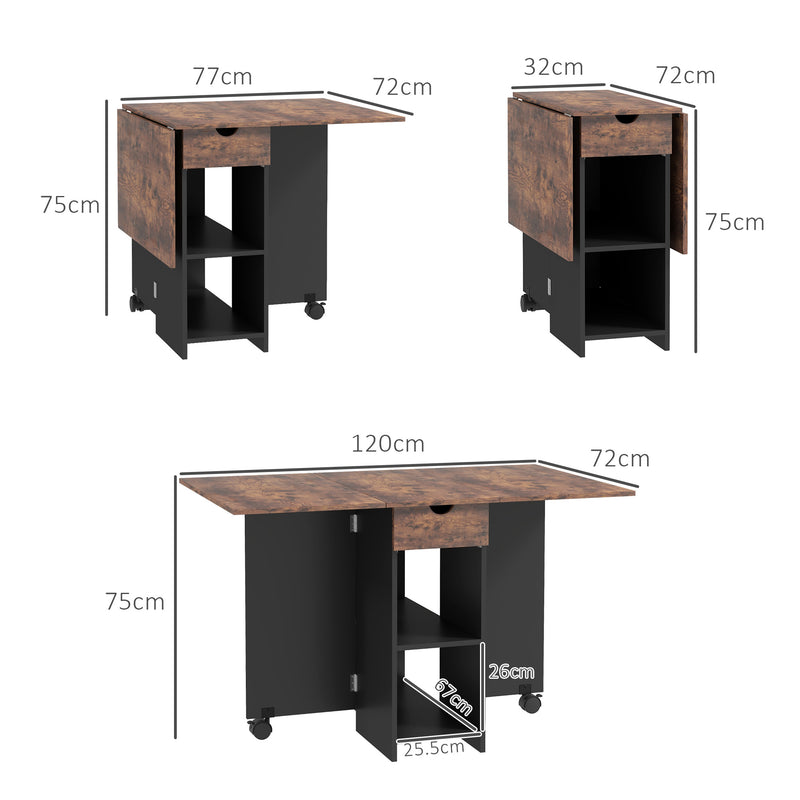 HOMCOM Foldable Dining Table, Drop Leaf Table with Storage, Rustic Brown