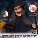 HOMCOM Halloween Witch with Broomstick Animatronic Prop with Light Up Eyes