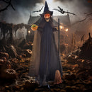 HOMCOM Halloween Witch with Broomstick Animatronic Prop with Light Up Eyes