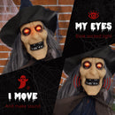 HOMCOM Halloween Witch with Broomstick Animatronic Prop with Light Up Eyes