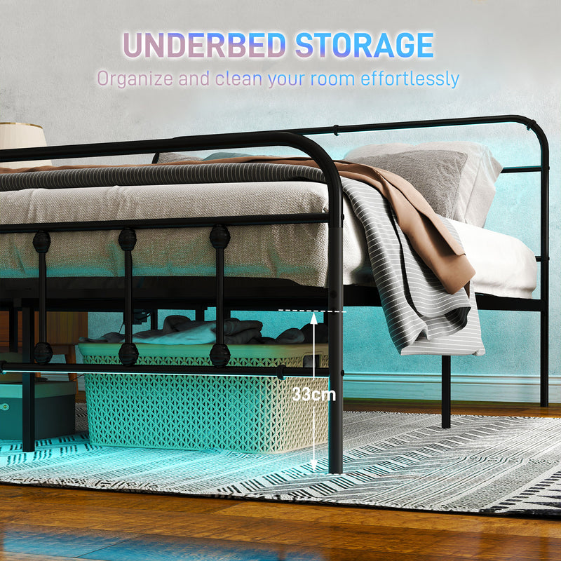 HOMCOM Bed Frame With LED Lights And Charging Station, Black
