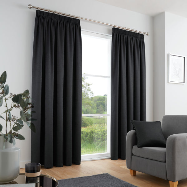 Fusion Galaxy Pencil Pleat Curtains in Black