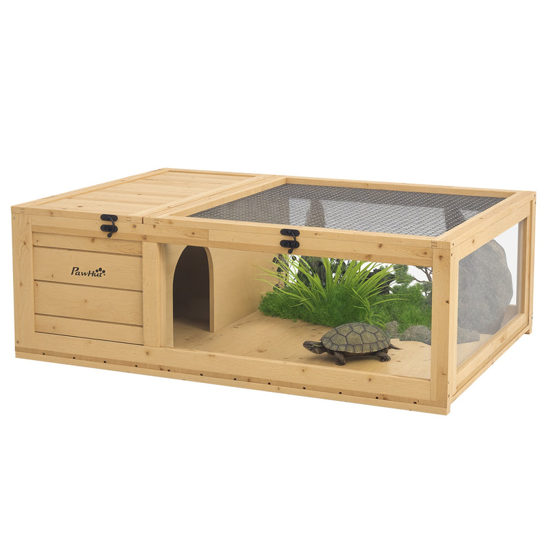 PawHut Tortoise House w/ Mesh Roof, Small Pet Reptile Wooden House - Yellow