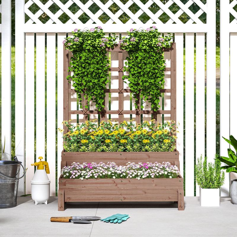 Outsunny 2-Tier Wooden Raised Bed with Trellis and Drainage Holes
