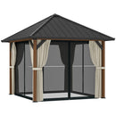 Outsunny 3 X 3(m) Metal Hardtop Gazebo With Netting And Curtains, Walnut