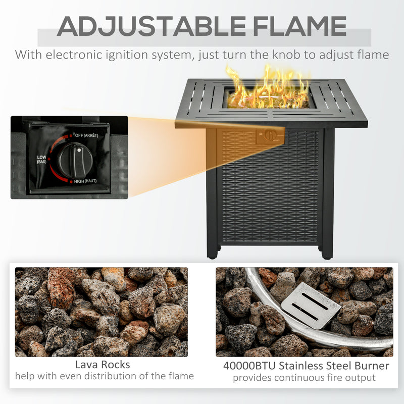 Outsunny Square Propane Gas Fire Pit Table, 50000 BTU Rattan Smokeless Firepit Patio Heater with Protective Cover, Lava Rocks and Lid, 71cm x 71cm x 62cm, Black