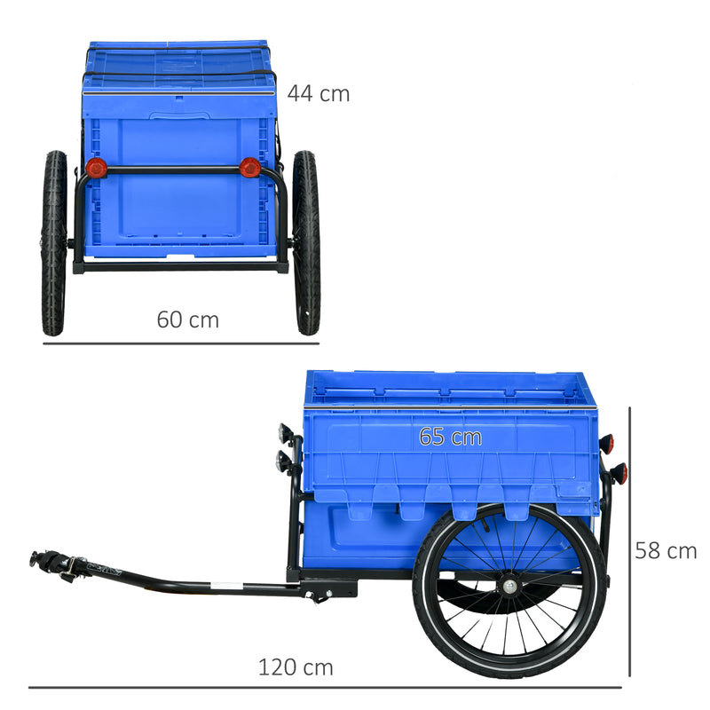 HOMCOM Bicycle Trailer with 65L Foldable Storage Box and Pneumatic Tyres, Blue