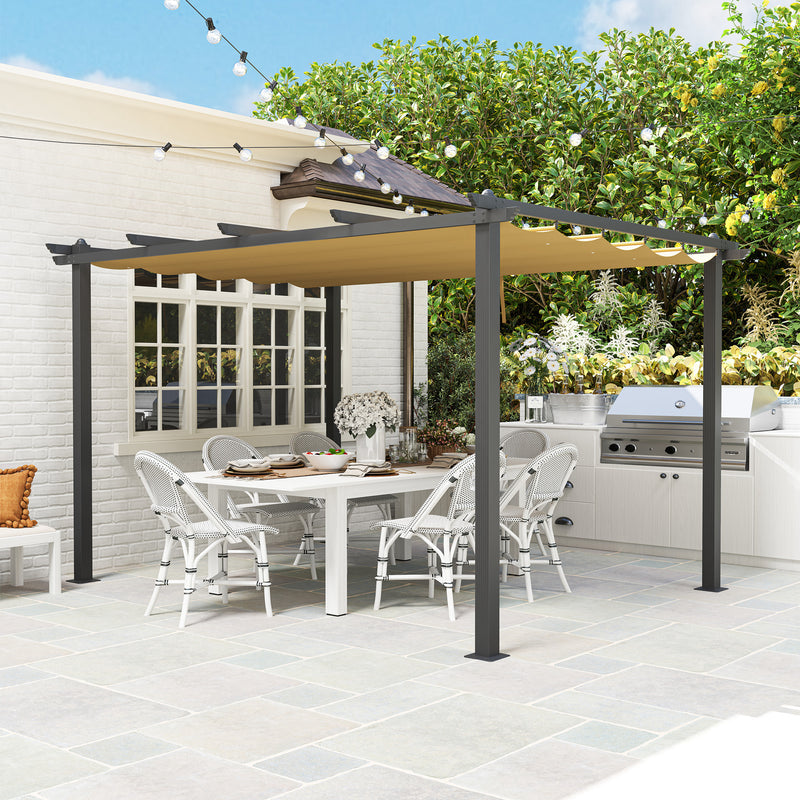 Outsunny 3 x 4m Aluminium Pergola with Retractable Roof, Garden Gazebo Khaki
