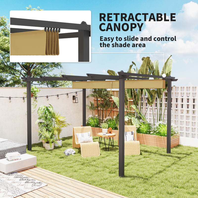 Outsunny 3 x 4m Aluminium Pergola with Retractable Roof, Garden Gazebo Khaki