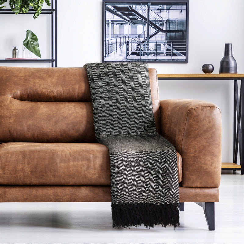 Herringbone - Recycled Cotton Throw in  Black (90" x 100")