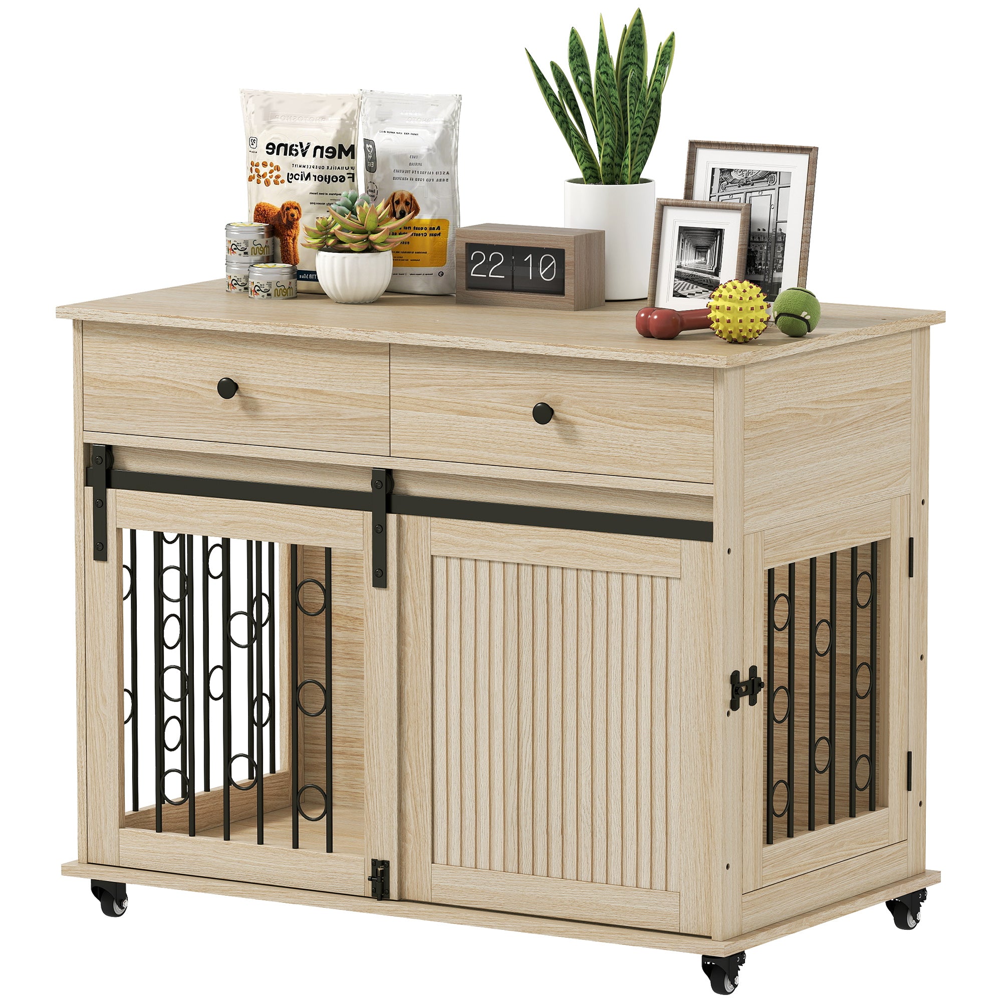 PawHut Dog Crate Furniture, Dog Cage W/ Wheels, 2 Drawers, Sliding Doo