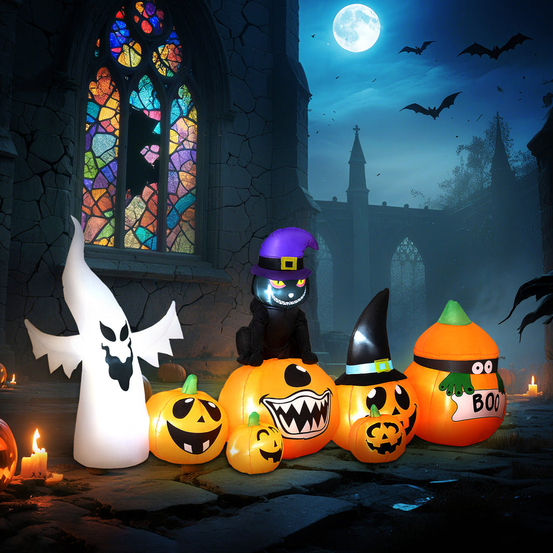 Outsunny 8 FT Blow Up Halloween Inflatables Pumpkin Ghost and Cat Combo