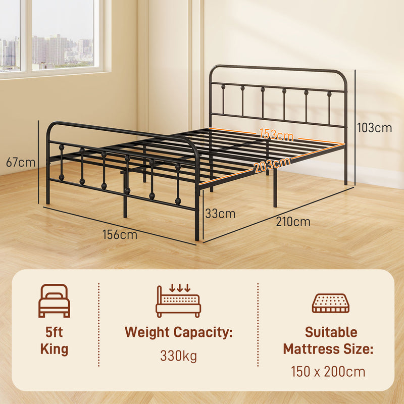 HOMCOM 5ft Metal King Platform Bed Frame W/ Underbed Storage Headboard White/Black
