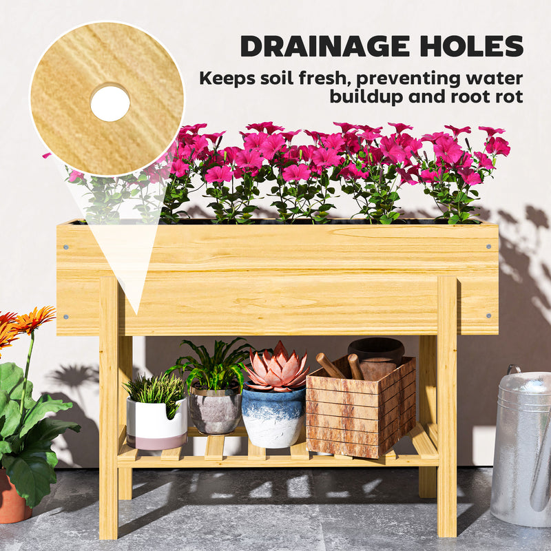 Outsunny Wooden Raised Bed w/ Bed Liner, Storage Shelf