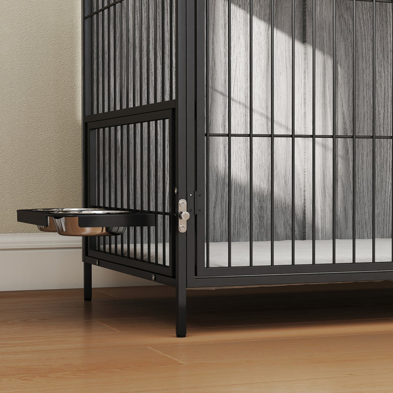 PawHut Dog Crate Furniture with Rotating Bowl Holder for Large Dogs, Grey