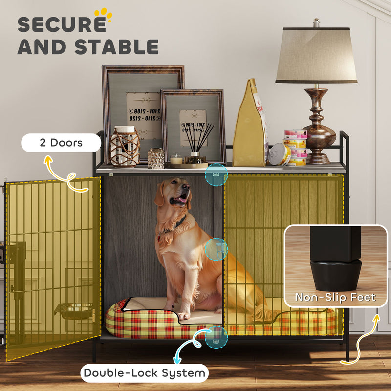 PawHut Dog Crate Furniture with Rotating Bowl Holder for Large Dogs, Grey