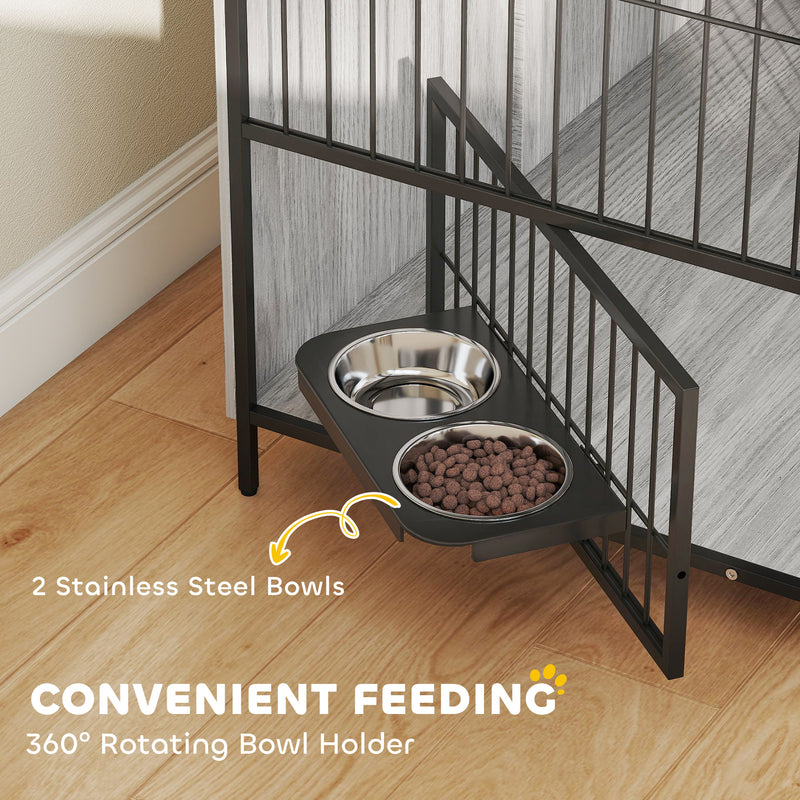 PawHut Dog Crate Furniture with Rotating Bowl Holder for Large Dogs, Grey