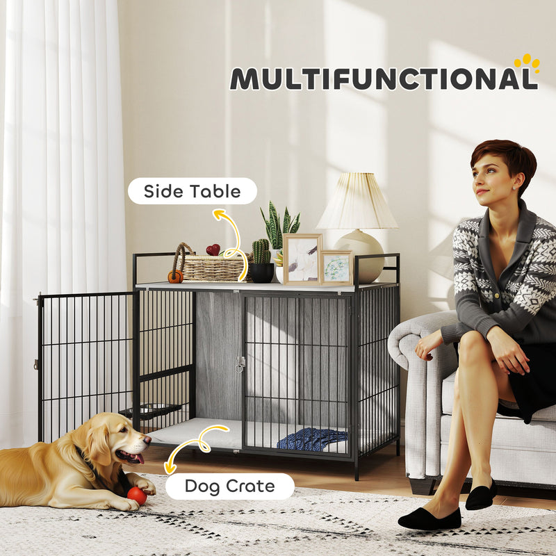 PawHut Dog Crate Furniture with Rotating Bowl Holder for Large Dogs, Grey