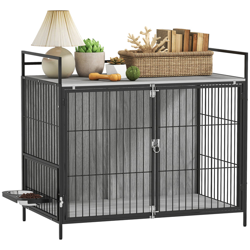 PawHut Dog Crate Furniture with Rotating Bowl Holder for Large Dogs, Grey