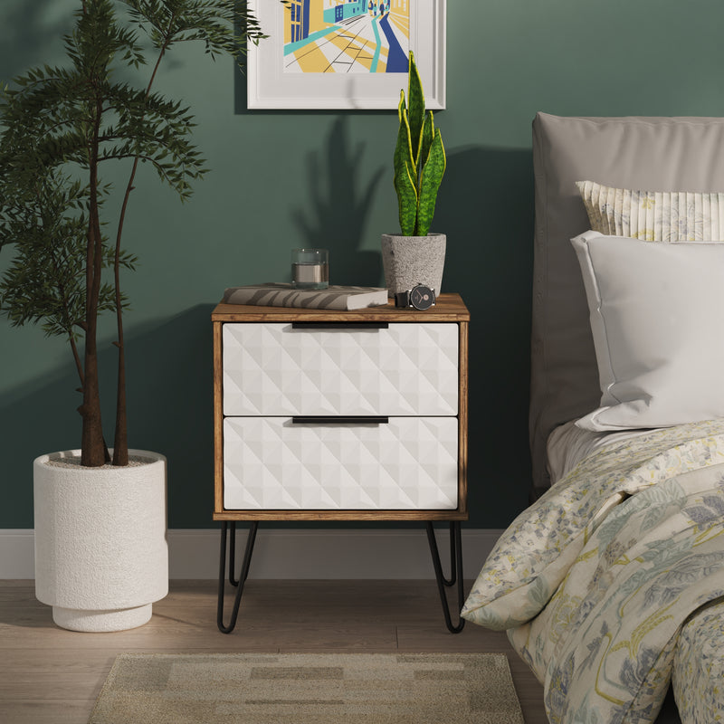 Harlequin 2 Drawer Bedside in White Matt & Vintage Oak - Ready Assembled