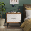 Harlequin 2 Drawer Side Table in White Matt & Vintage Oak - Ready Assembled