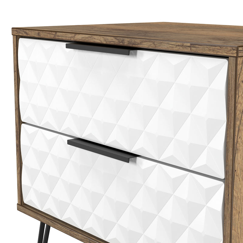 Harlequin 2 Drawer Side Table in White Matt & Vintage Oak - Ready Assembled