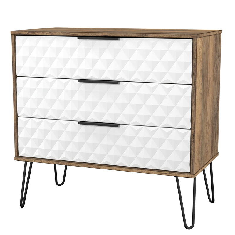 Harlequin 3 Drawer Chest in White Matt & Vintage Oak - Ready Assembled