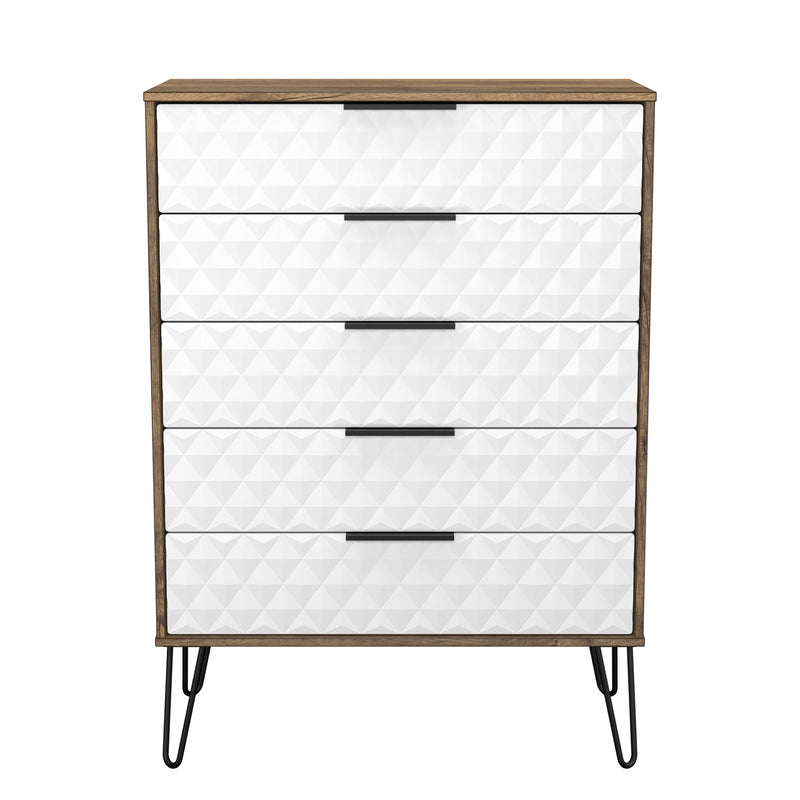 Harlequin 5 Drawer Chest in White Matt & Vintage Oak - Ready Assembled