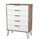 Harlequin 5 Drawer Chest in White Matt & Vintage Oak - Ready Assembled