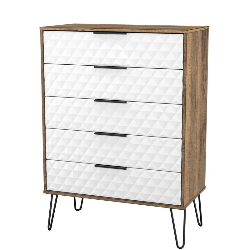 Harlequin 5 Drawer Chest in White Matt & Vintage Oak - Ready Assembled