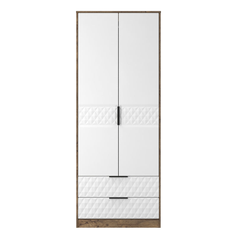 Harlequin 2 Drawer Double Wardrobe in White Matt & Vintage Oak - Ready Assembled