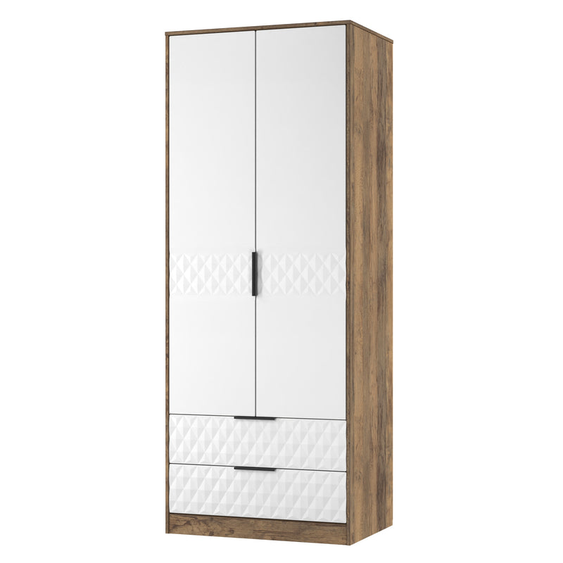 Harlequin 2 Drawer Double Wardrobe in White Matt & Vintage Oak - Ready Assembled