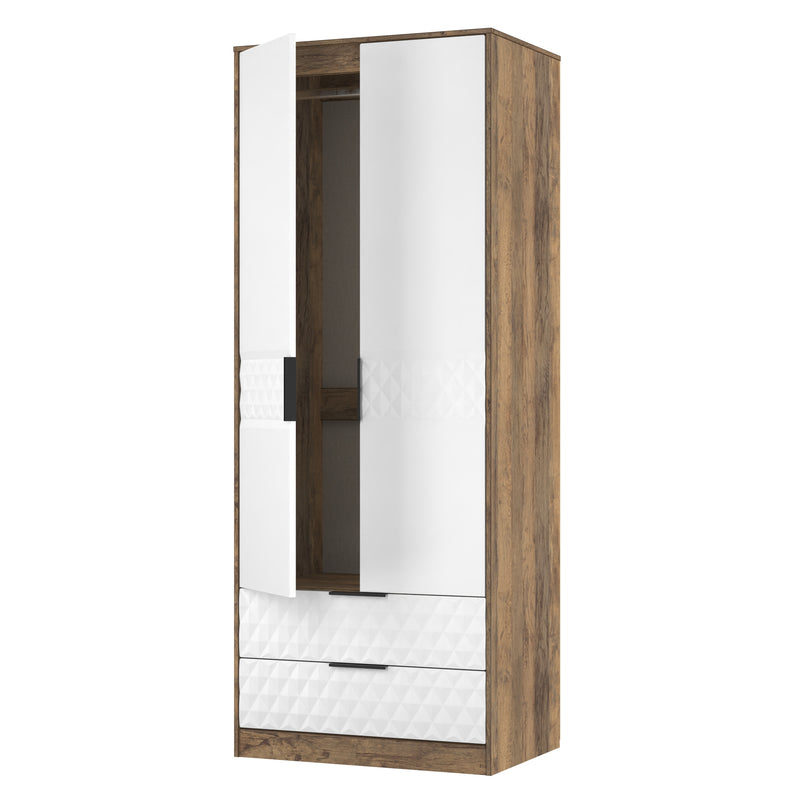 Harlequin 2 Drawer Double Wardrobe in White Matt & Vintage Oak - Ready Assembled