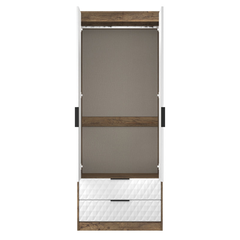Harlequin 2 Drawer Double Wardrobe in White Matt & Vintage Oak - Ready Assembled