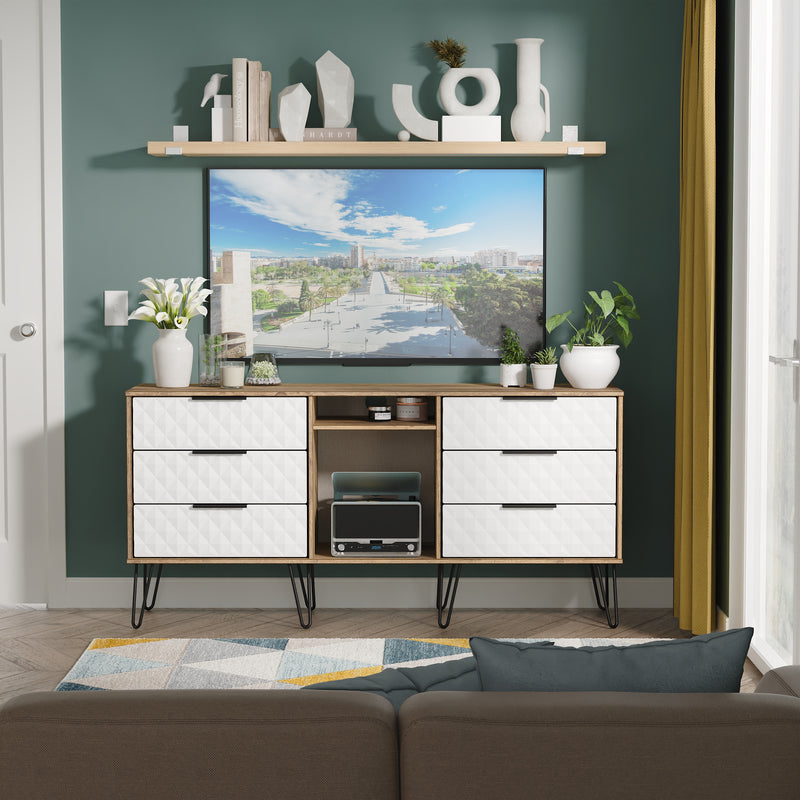 Harlequin 6 Drawer Sideboard in White Matt & Vintage Oak - Ready Assembled