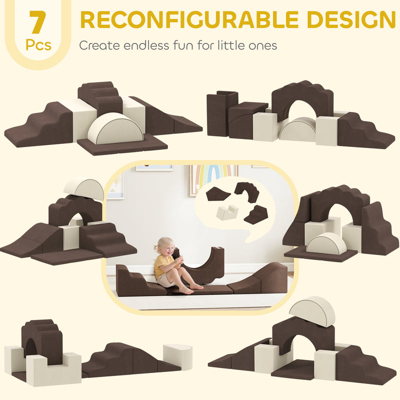 AIYAPLAY Kids Soft Play Set, 7 Piece Foam Climbing Blocks, Brown
