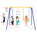 4-in-1 Heavy Duty Swing Set With 1 Basketball Hoop And 1 Adjustable Belt Swing-Blue &amp; Yellow