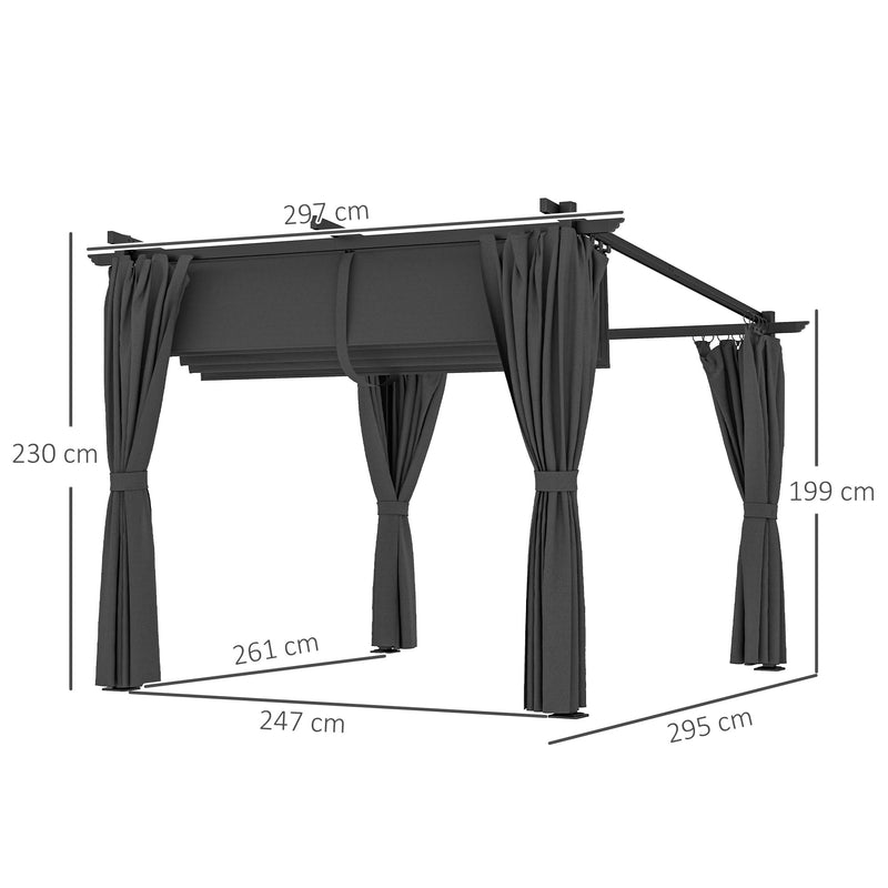 Outsunny 3 X 3(m) Metal Pergola With Retractable Roof And Sidewalls, Grey