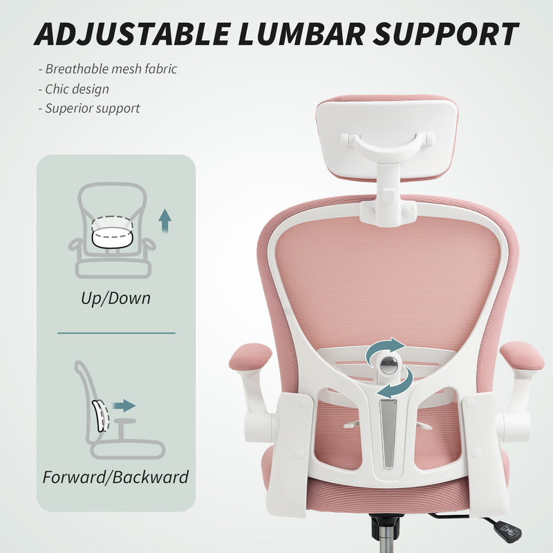 Vinsetto Mesh Chair With Headrest, 4D Lumbar Support, Flip-up Arm - White/Pink/Black