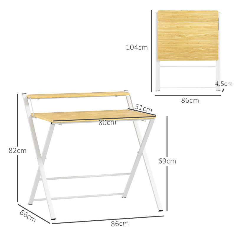HOMCOM Folding Desk with 2-Tier Shelf for Home Office, Maple Wood-effect