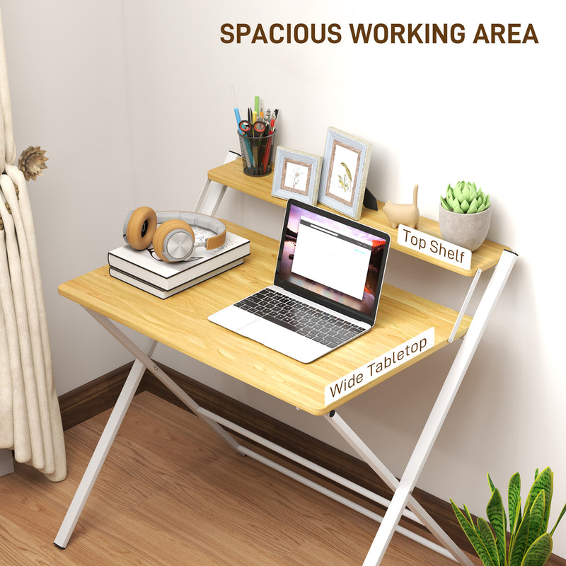 HOMCOM Folding Desk with 2-Tier Shelf for Home Office, Maple Wood-effect