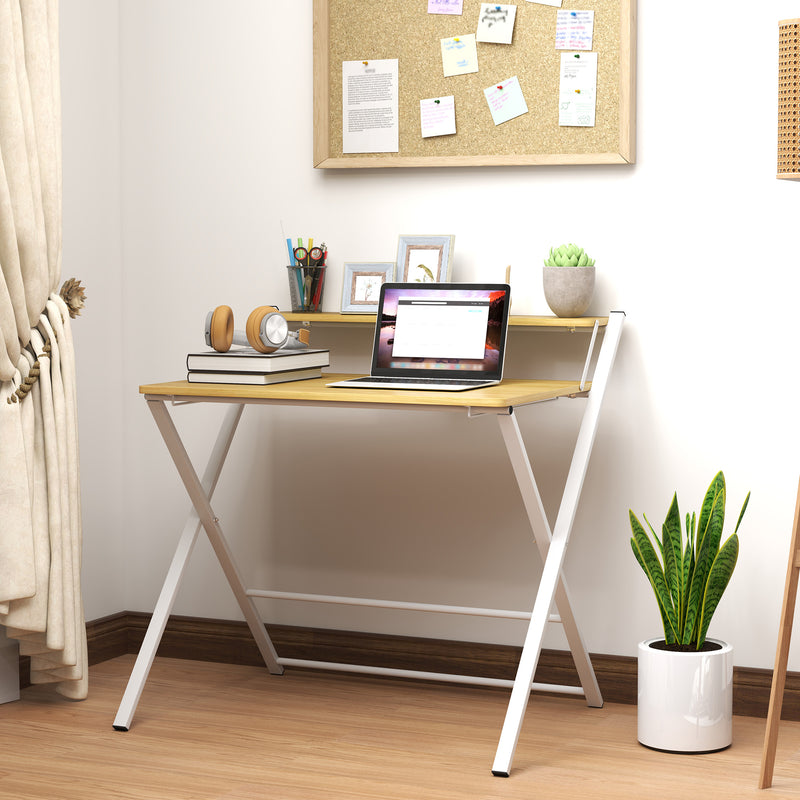 HOMCOM Folding Desk with 2-Tier Shelf for Home Office, Maple Wood-effect