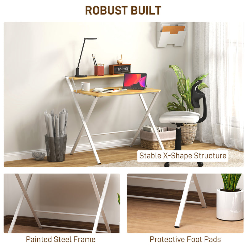 HOMCOM Folding Desk with 2-Tier Shelf for Home Office, Maple Wood-effect