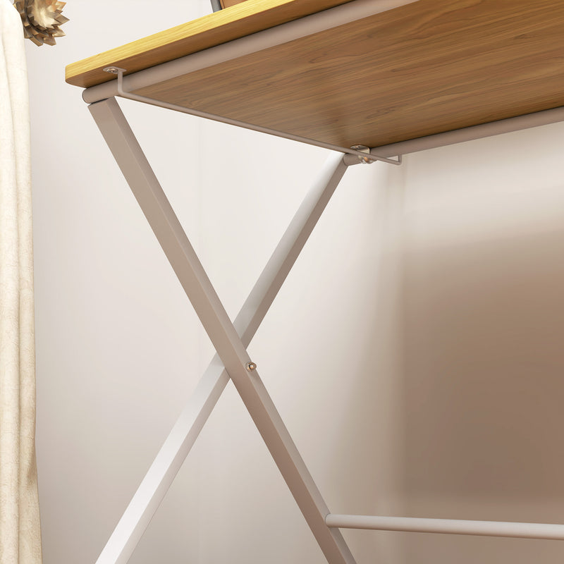 HOMCOM Folding Desk with 2-Tier Shelf for Home Office, Maple Wood-effect