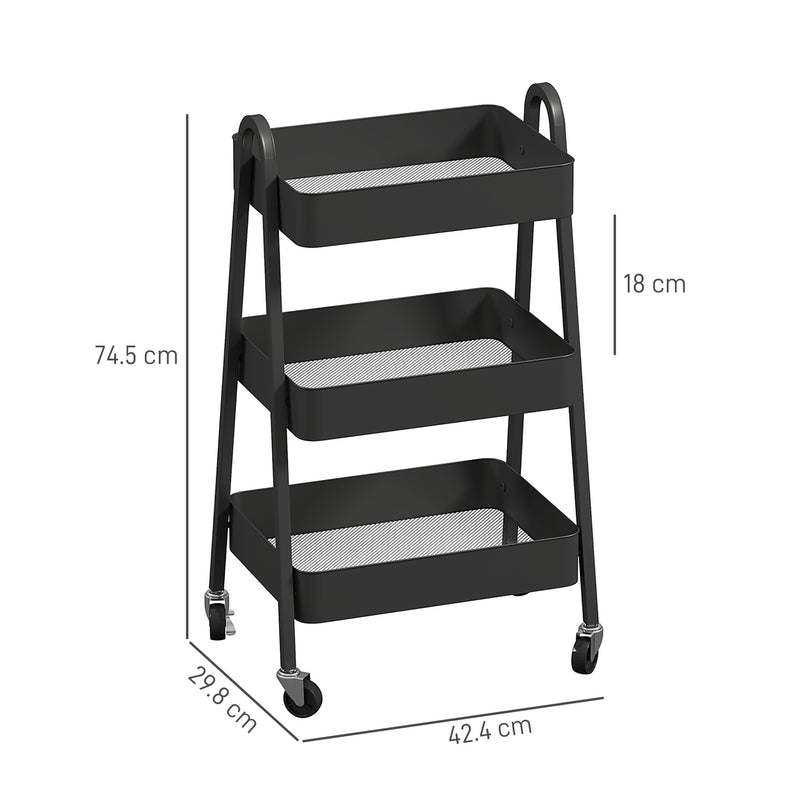 HOMCOM 3-Tier Rolling Utility Cart Kitchen Storage Trolley on Wheels Black