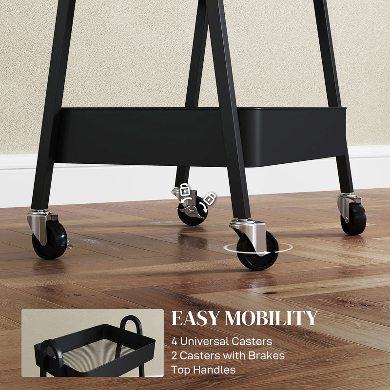 HOMCOM 3-Tier Rolling Utility Cart Kitchen Storage Trolley on Wheels Black