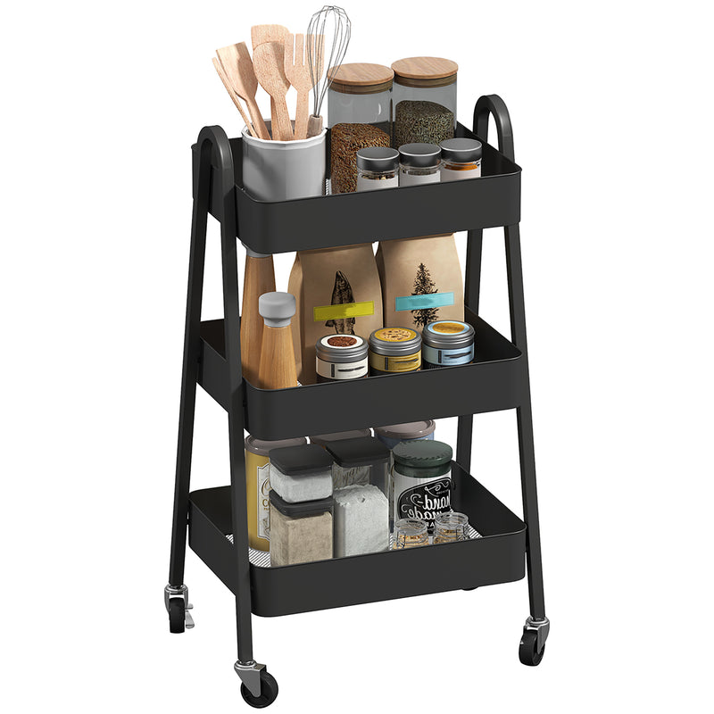 HOMCOM 3-Tier Rolling Utility Cart Kitchen Storage Trolley on Wheels Black