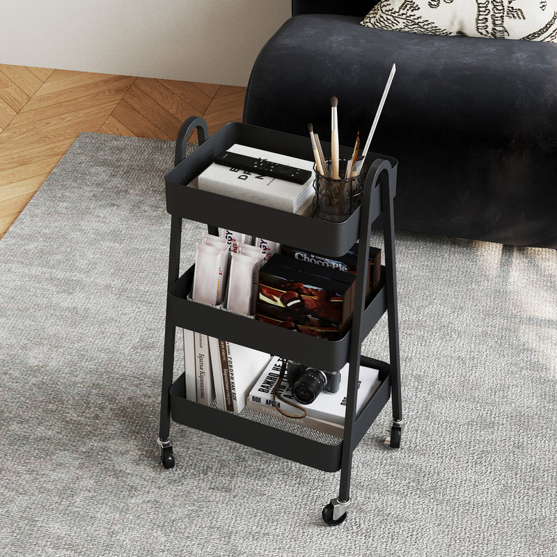 HOMCOM 3-Tier Rolling Utility Cart Kitchen Storage Trolley on Wheels Black